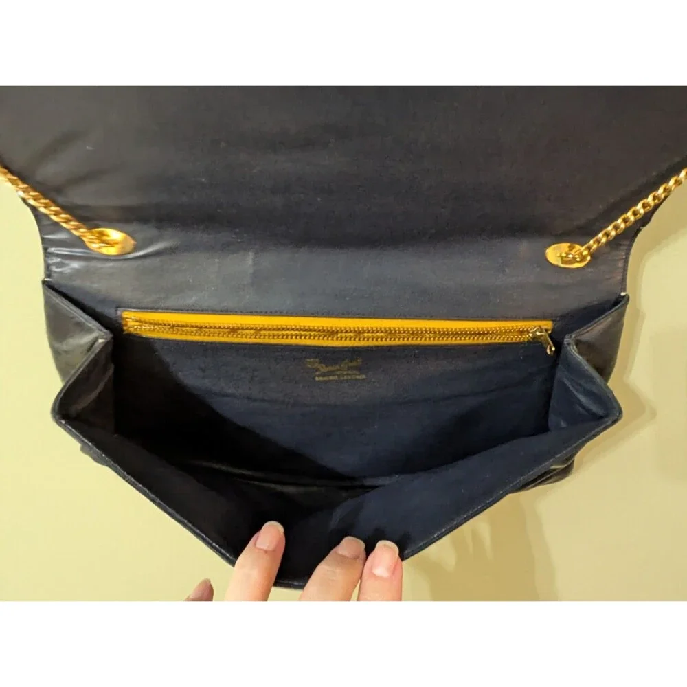 Vintage Susan Gail Dark Navy Leather Clutch W Gold Chain, MCM, Retro